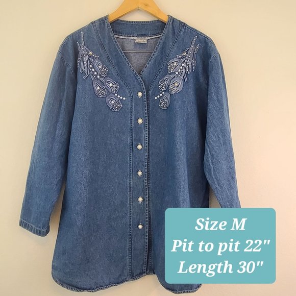 Bridge Vintage 90s Womens Sz M Floral Embroidered Denim Pearl Shirt Jacket Rodeo - Picture 4 of 9
